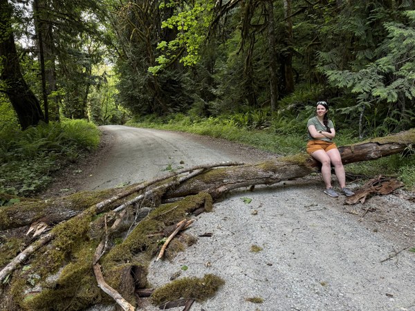 White woman wearing shorts and a teeshirt sitting on a tree that has fallen over a gravel road with heavy forest on either side.